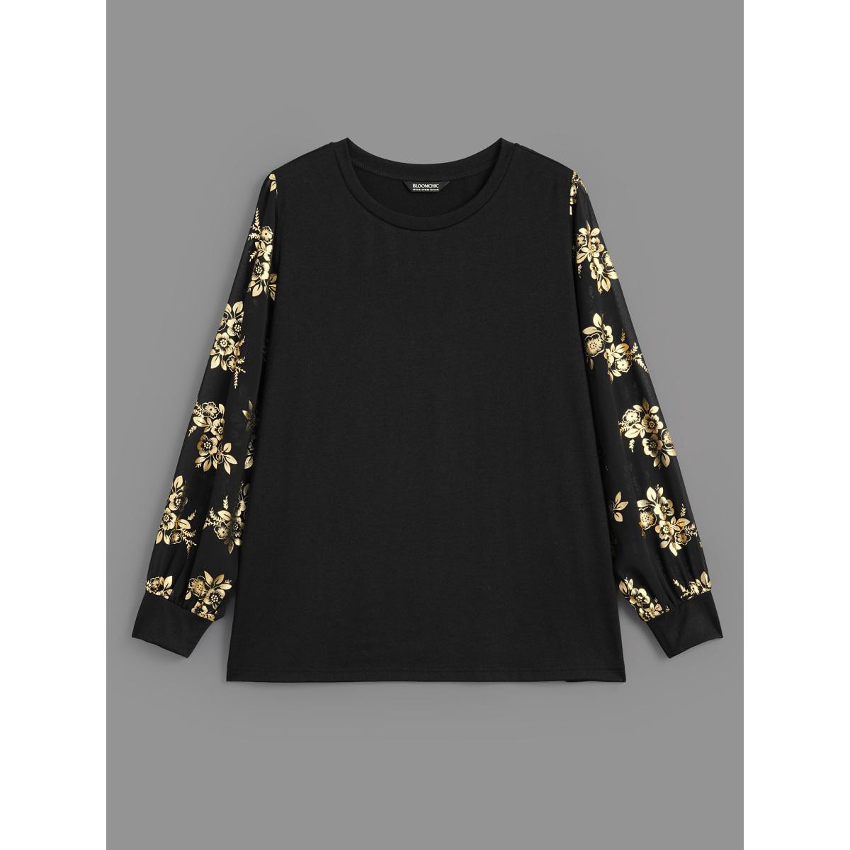 Plus Size Glitter Floral Patchwork Mesh T-shirt Black Women Elegant Contrast Natural Flowers Round Neck Everyday T-shirts BloomChic 30/6X Product Image