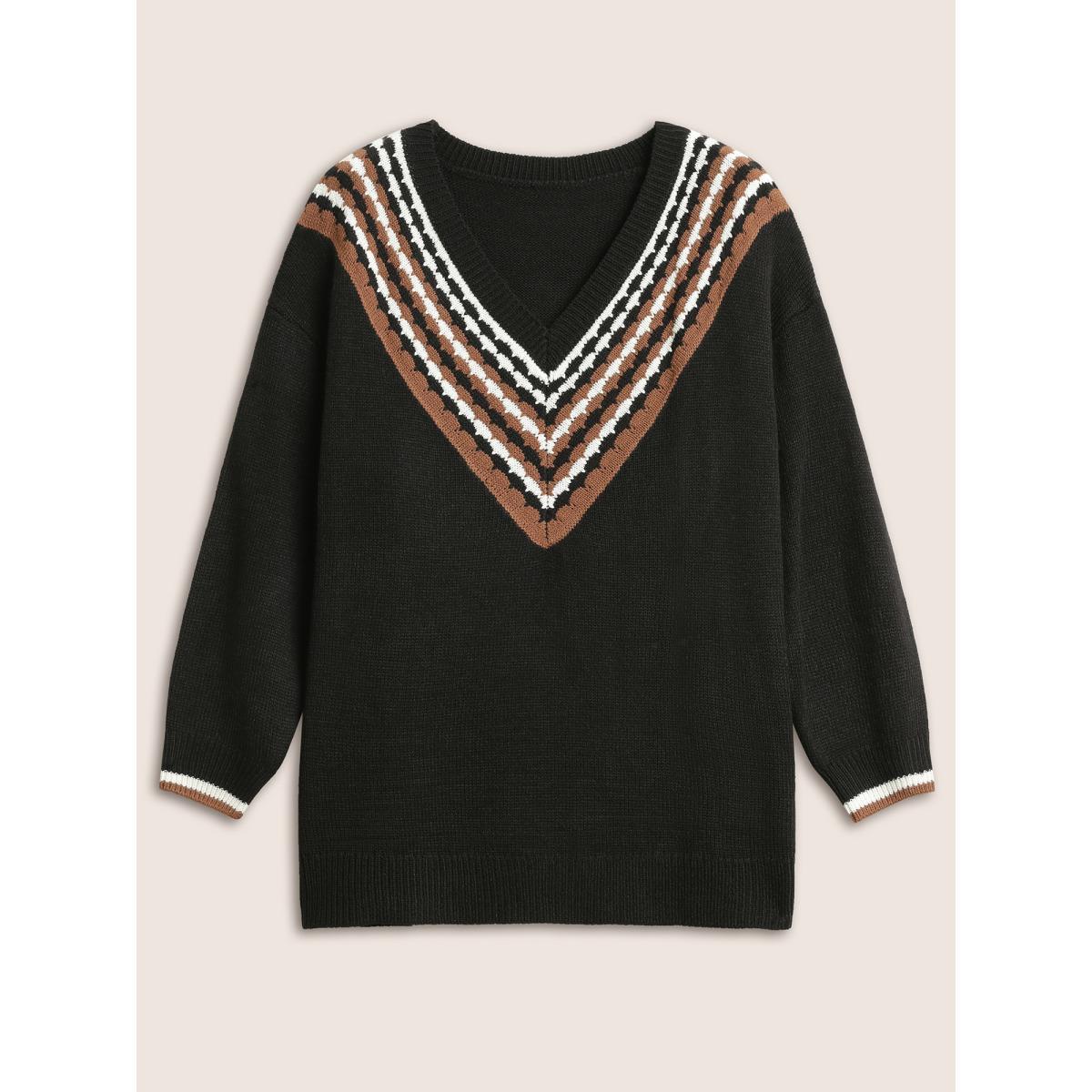 Plus Size V Contrast Striped Patchwork Knit Pullover Black Women Casual Loose Long Sleeve V-neck Dailywear Pullovers BloomChic 14-16/1X Product Image