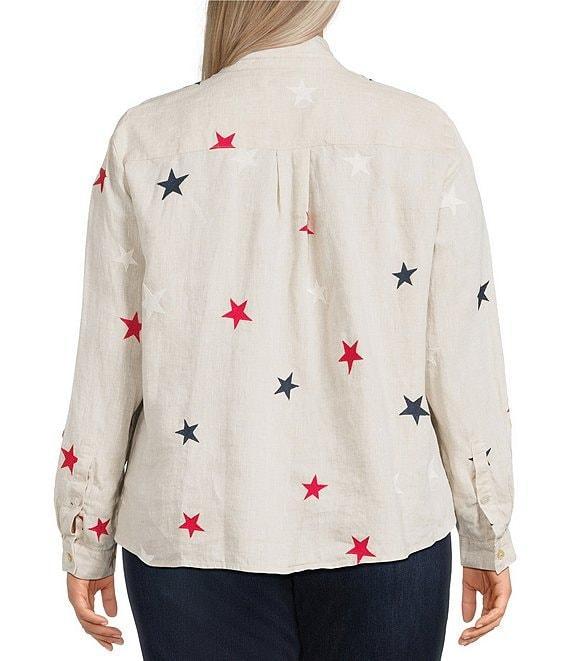 John Mark Plus Size Allover Embroidered Stars Wire Collar Long Roll-Tab Sleeve Button Front Tie Blouse Product Image