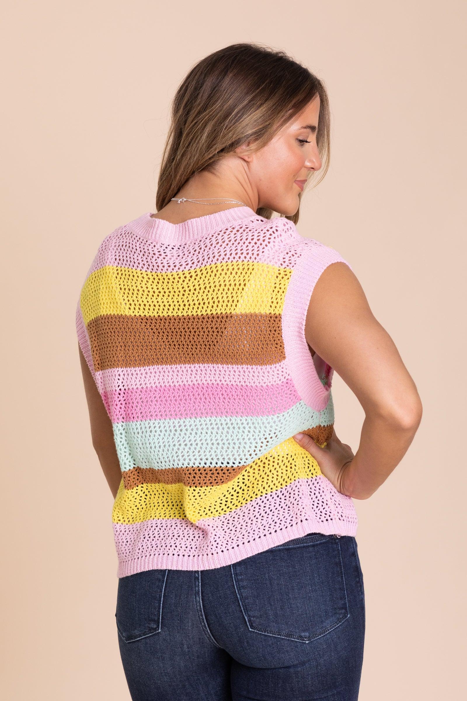 Pink Crochet Multi Stripe Knit Sweater Top Product Image