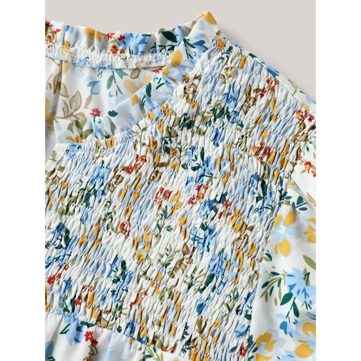 Plus Size LightBlue Floral Print Shirred Neck Blouse Women Leisure Short sleeve Flat collar Casual Blouses BloomChic 22-24/3X Product Image