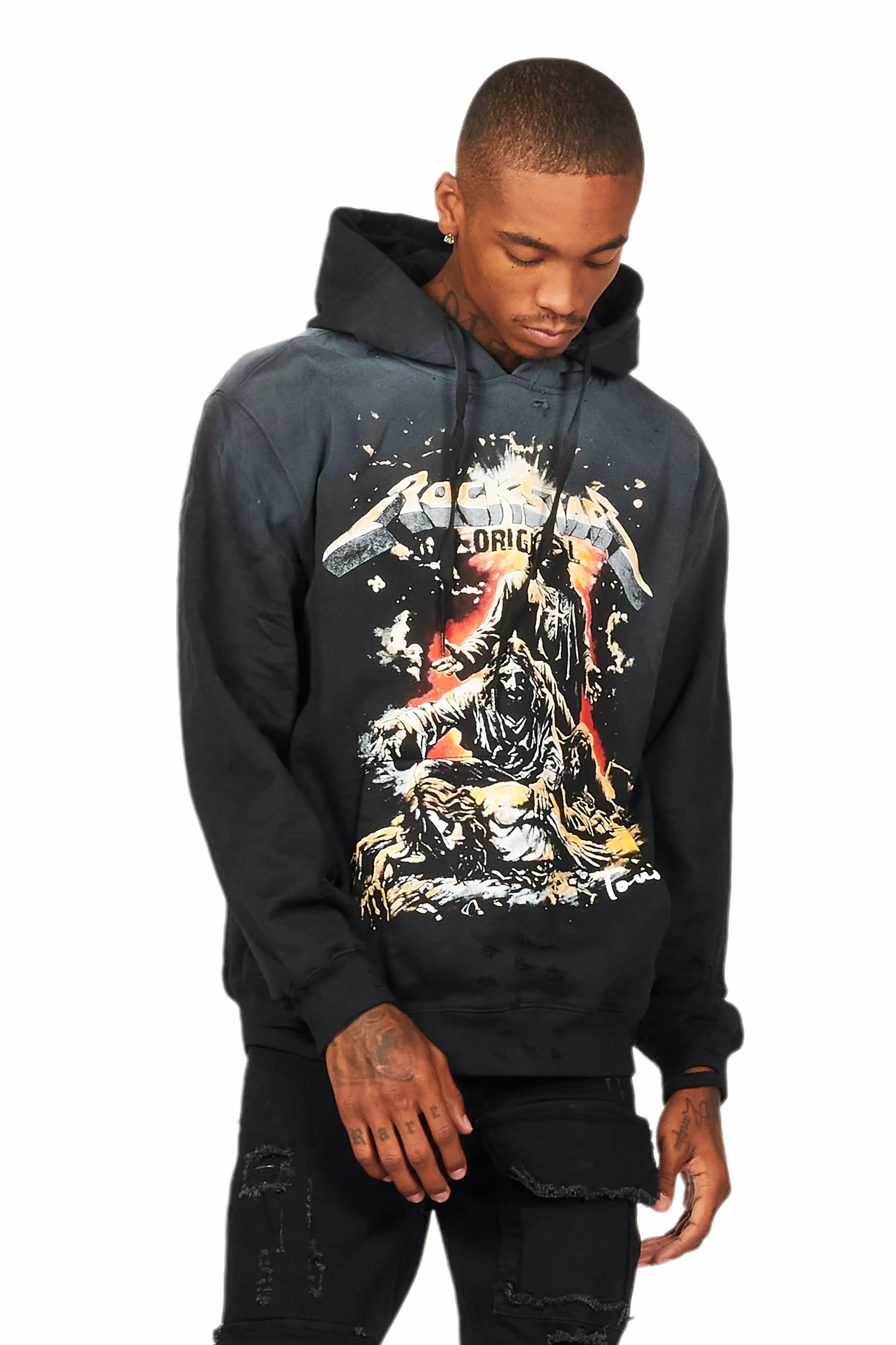 Akando Black Graphic Distressed Hoodie Male Product Image