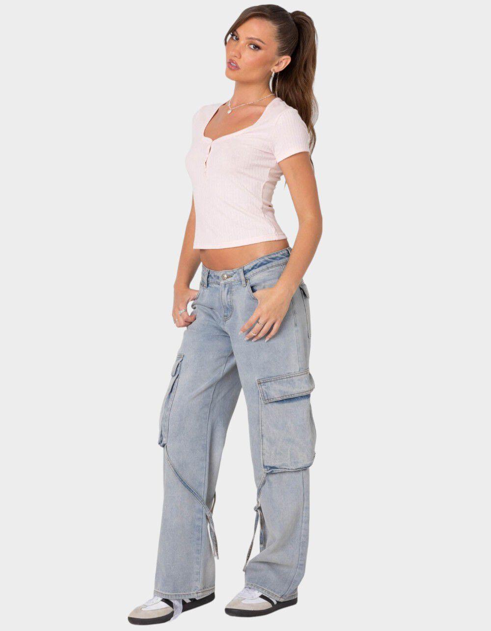 EDIKTED Pointelle Henley Tee - LIGHT PINK Product Image