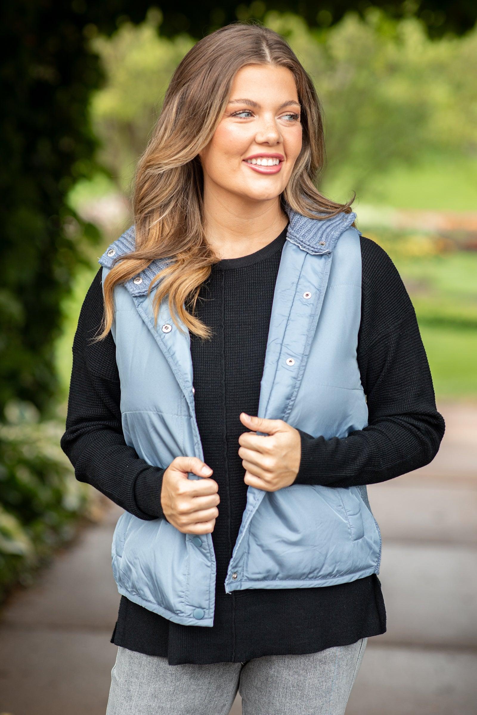Dusty Blue Snap Front Vest With Sweater Back Product Image