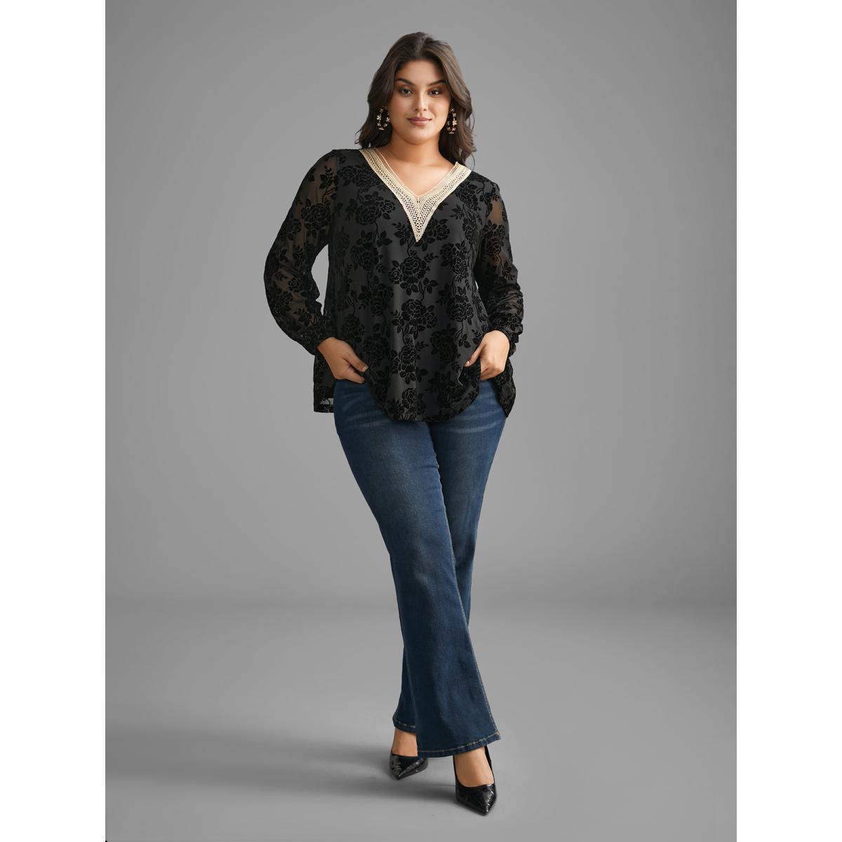 Plus Size Black Sheer Flocked Lace Trim V-neck Blouse Women Cocktail Long Sleeve V-neck Party Blouses BloomChic 14-16/1X Product Image