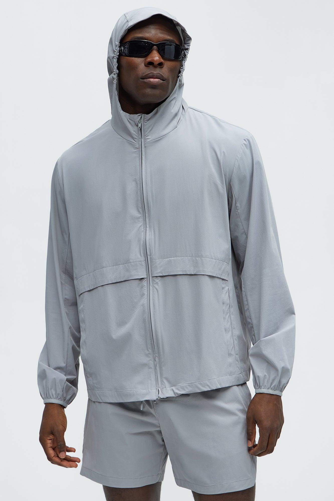 Lightweight Stretch Hooded Running Windbreaker Jacket - Grey Product Image