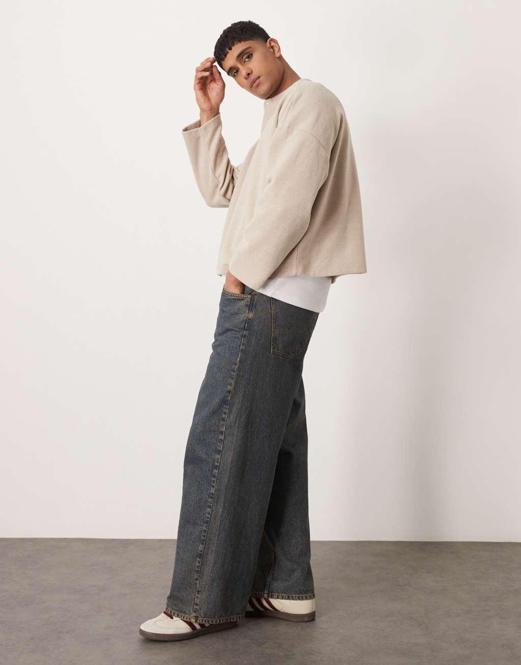 ASOS DESIGN super oversized cropped heavyweight ribbed henley sweater in stone Product Image