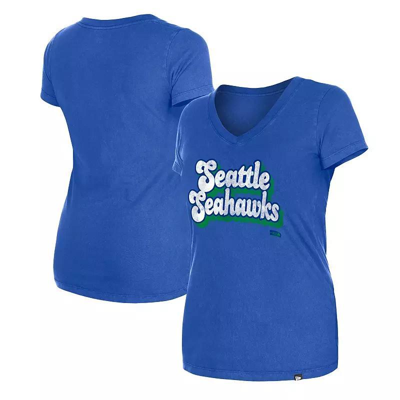 Women's New Era Royal Seattle Seahawks Enzyme Wash Low V-Neck T-Shirt, Size: Medium, Blue Product Image