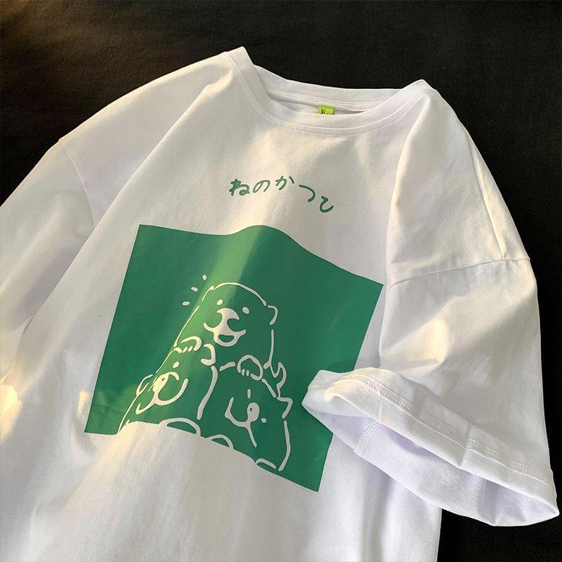 Short-Sleeve Crew Neck Cartoon Print T-Shirt Product Image