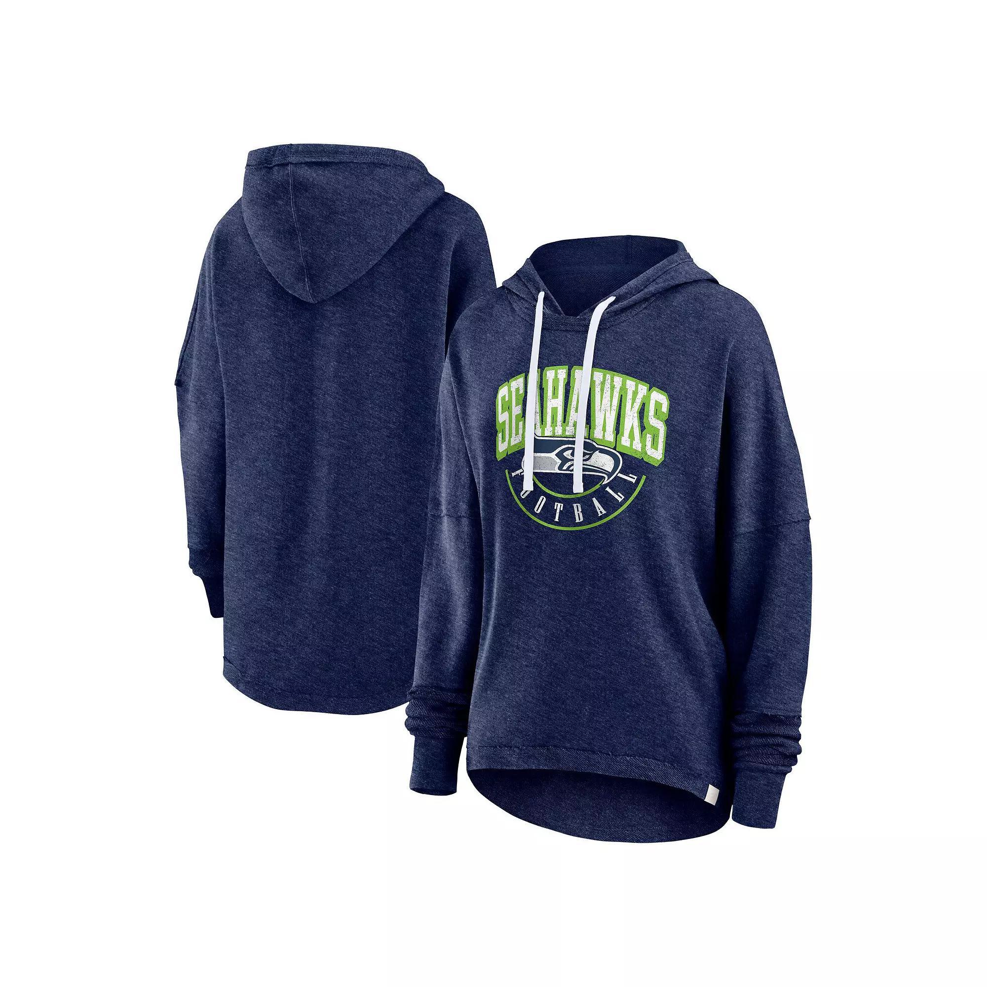 Women's Fanatics Branded Navy Seattle Seahawks Lightewight Modest Crop Lounge Helmet Arch Pullover Hoodie,  Product Image
