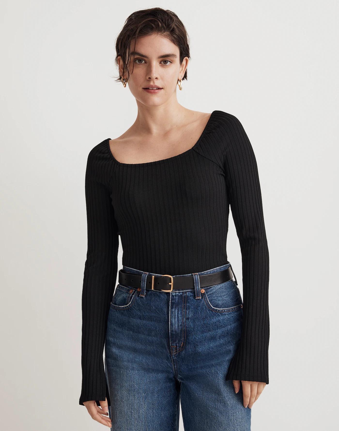 Ribbed Square-Neck Long-Sleeve Tee Product Image