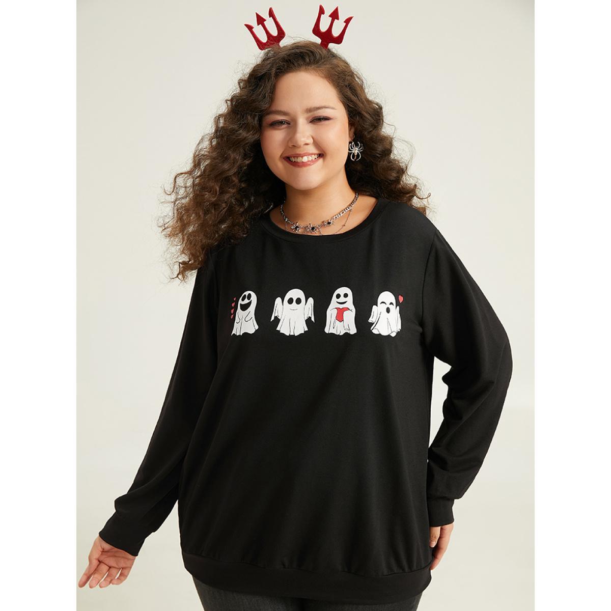 Plus Size Halloween Print Crew Neck Sweatshirt Women Black Casual Printed Festival-Halloween Sweatshirts BloomChic 22-24/3X Product Image