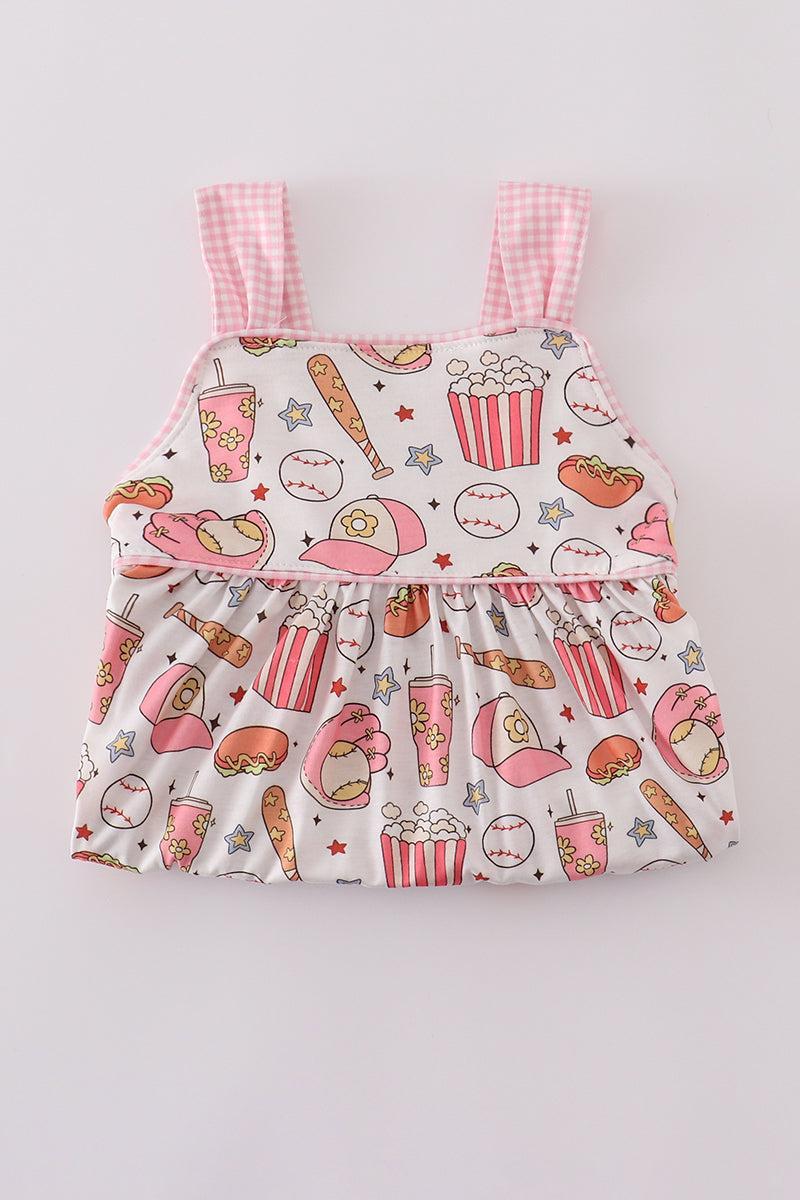 Pink baseball print gingham ruffle shorts set Product Image