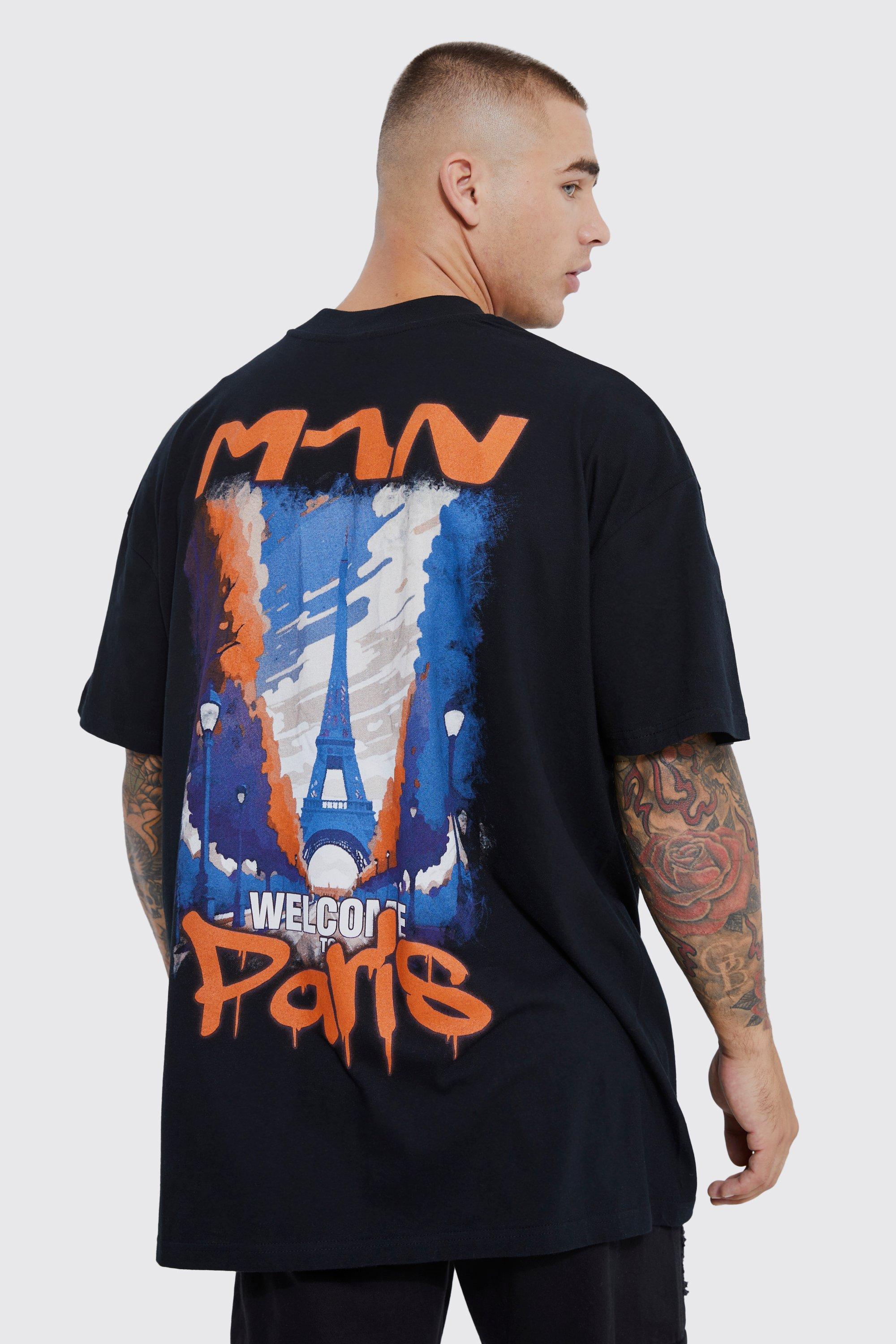 Mens Black Oversized Paris Graffiti Print T-shirt, Black Product Image