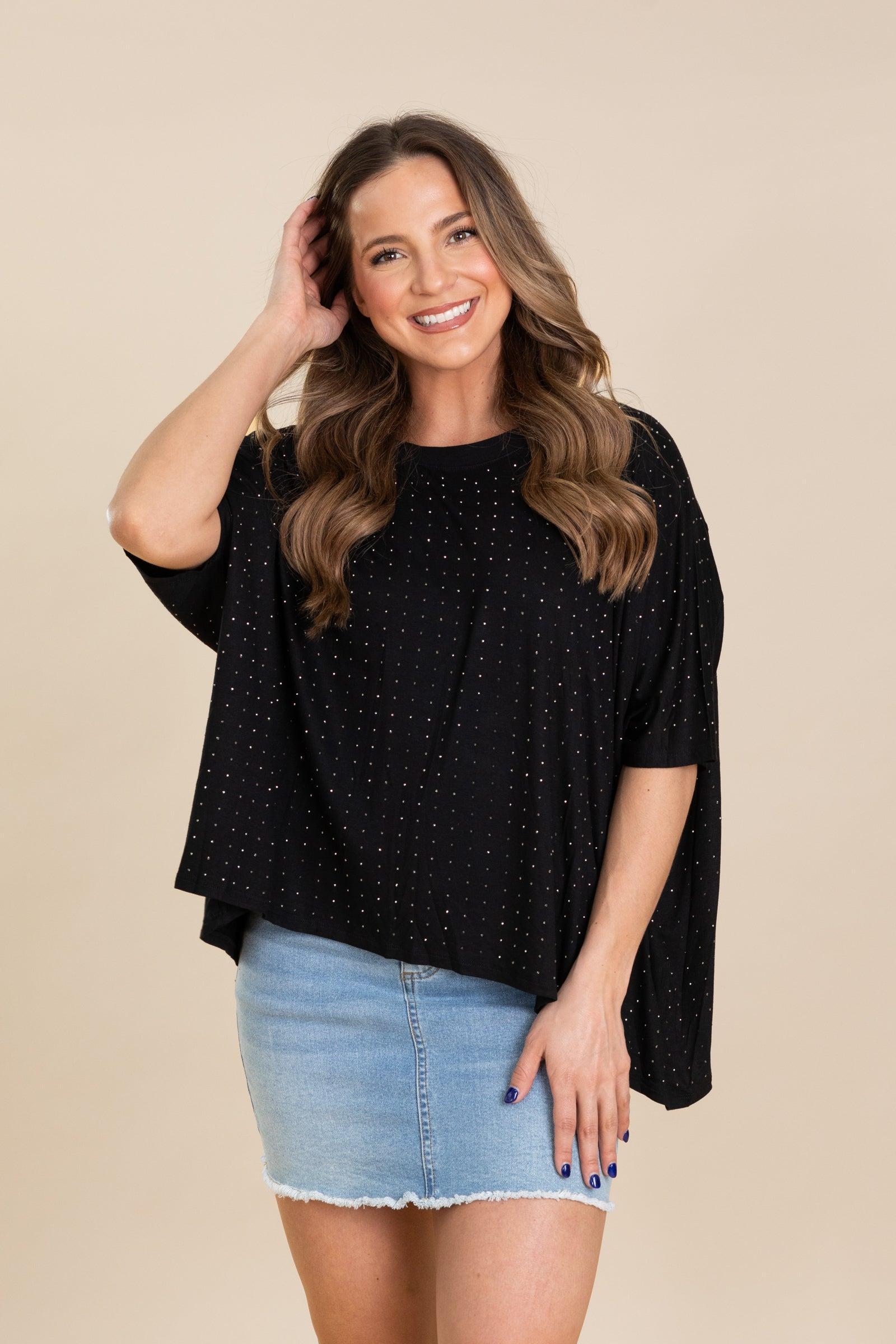 Black Oversized Mid Sleeve Rhinestone Knit Top Product Image