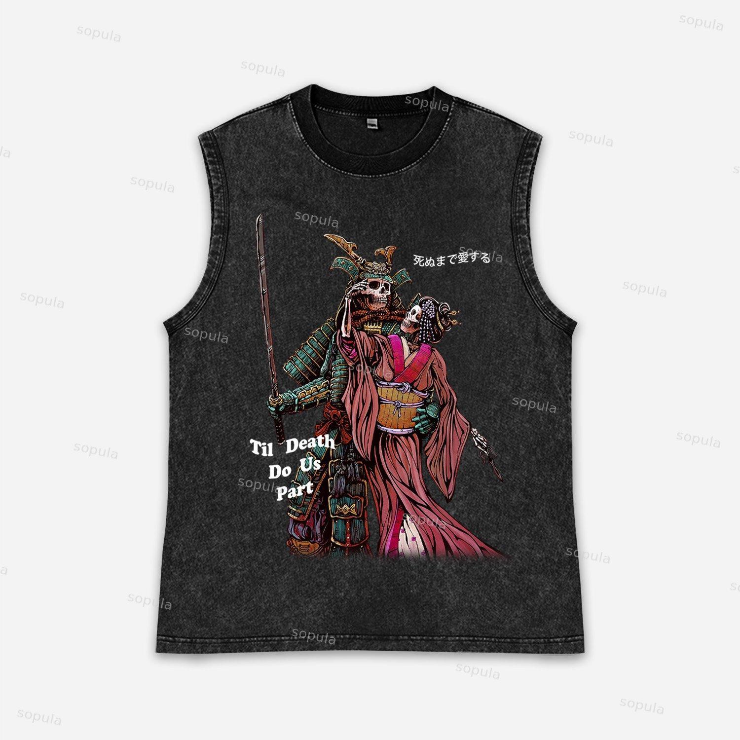 Until Death Us Do Part Skull Samurai Graphics Acid Washed Tank Top Product Image