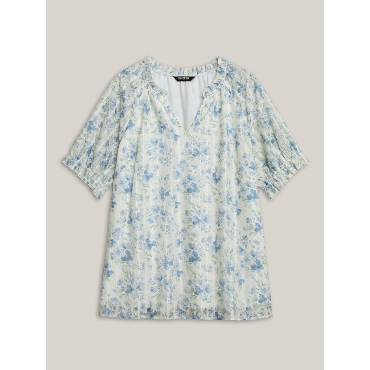 Plus Size Multicolor Floral Print Embroidered Petal Trim Blouse Women Short sleeve Notched collar Everyday-Elegant Blouses BloomChic 22-24/3X Product Image