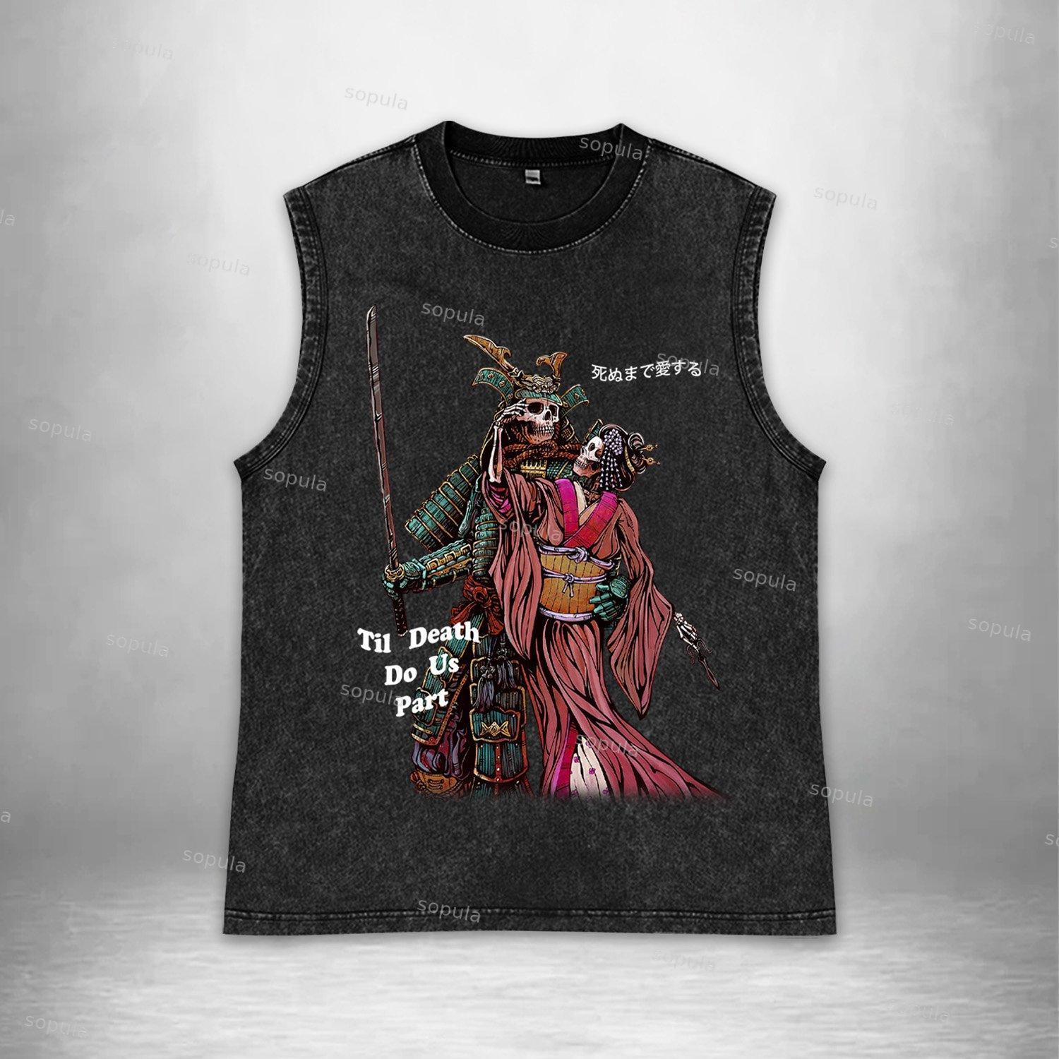 Until Death Us Do Part Skull Samurai Graphics Acid Washed Tank Top Product Image