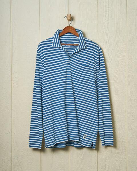Long Sleeve Indigo Polo in Blue/White Even Stripe Product Image