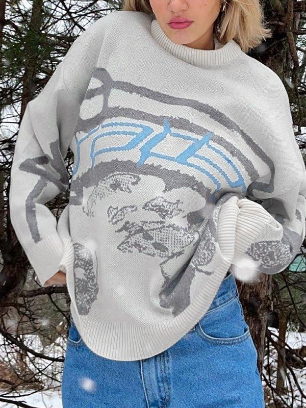 Long Sleeve Jacquard Crew Neck Sweater Product Image