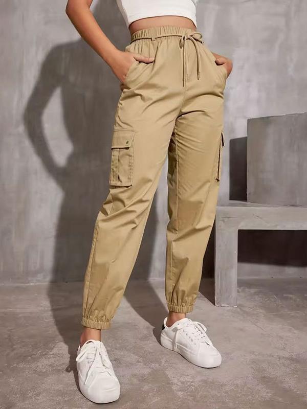 High Waisted Elasticity Pockets Solid Color Split-Joint Tied Waist Cargo Pants Trousers Product Image