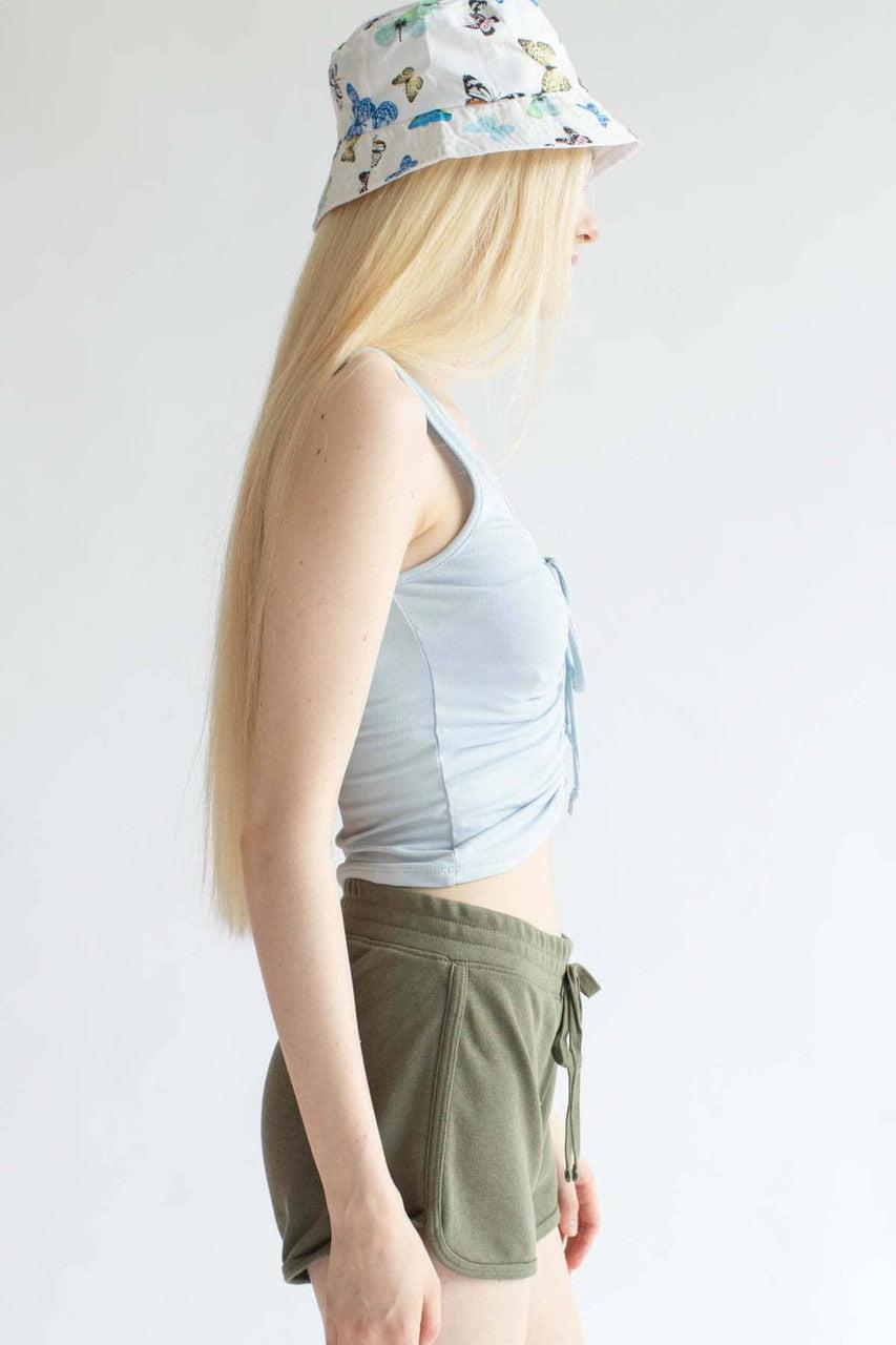 Blue Ruched Tie V Neck Tank Product Image