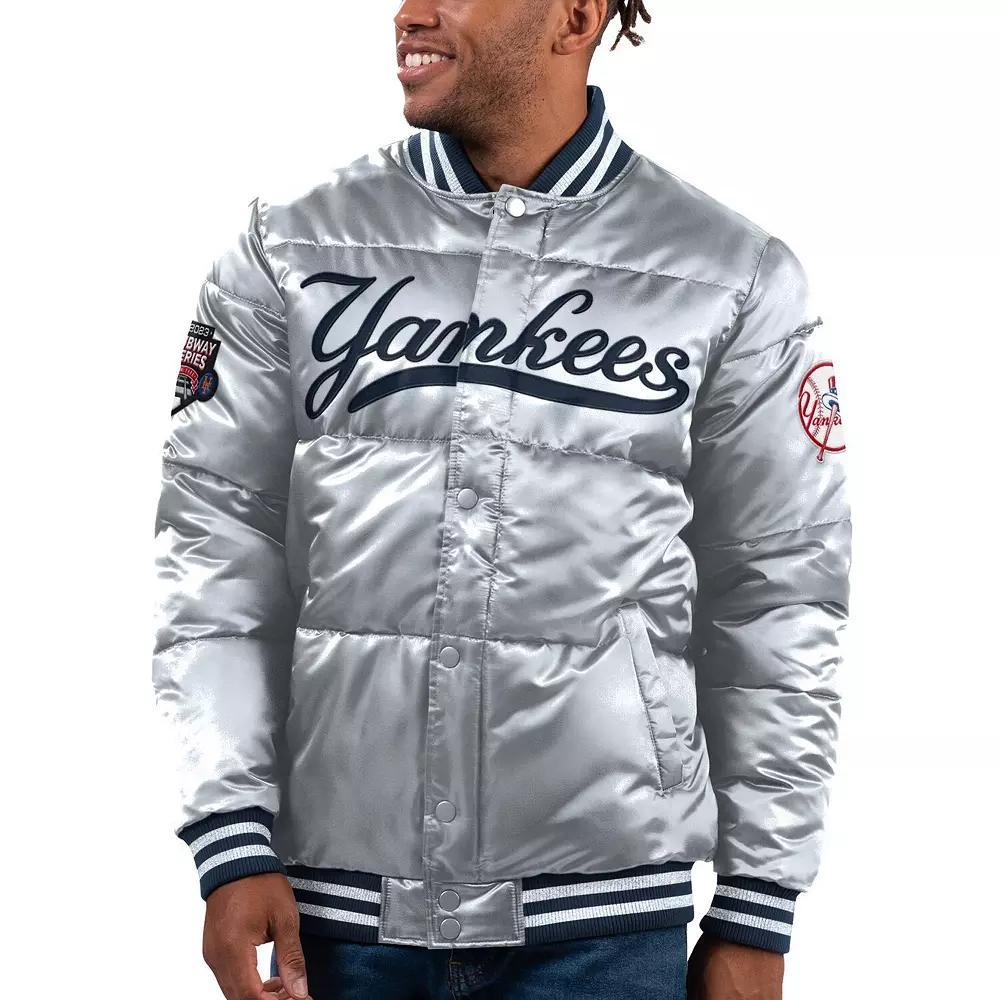 Men's Starter Silver New York Yankees Bronx Satin Full-Snap Varsity Bomber Jacket, Size: XXL Product Image