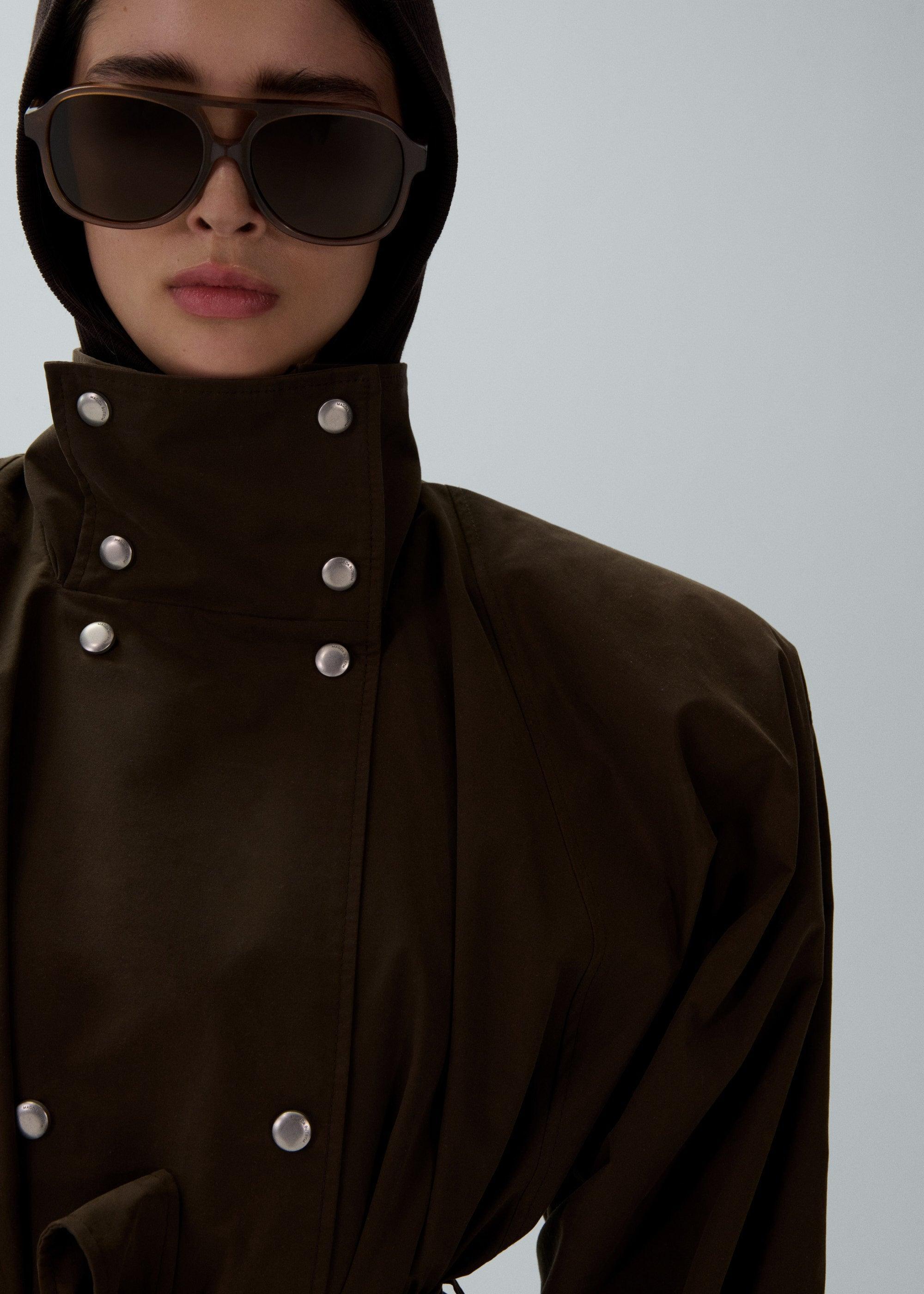 Cotton high collar trench jacket in brown Product Image