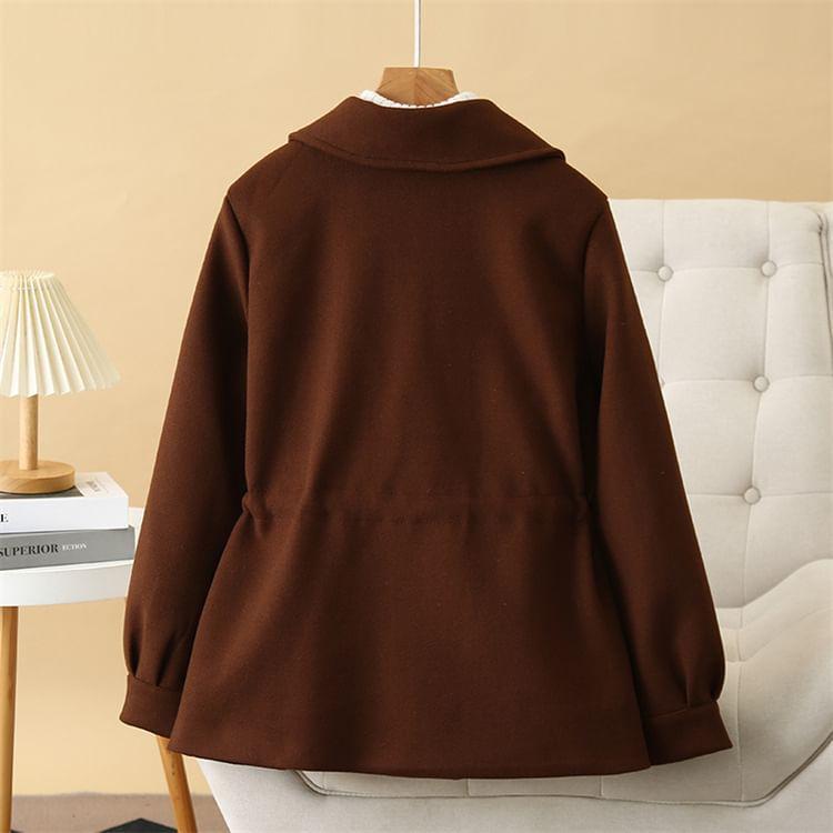 Plus Size Lapel Collar Plain Drawstring Waist Double-Breasted Coat Product Image