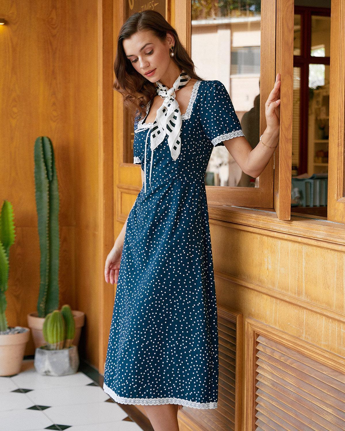 Navy Polka Dot Lace Midi Dress Product Image