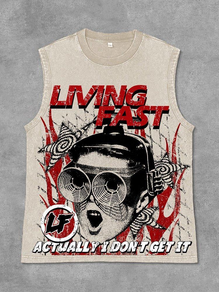 Vintage Portrait Living Fast Graphic Print Acid Washed Sleeveless Tank Top Product Image