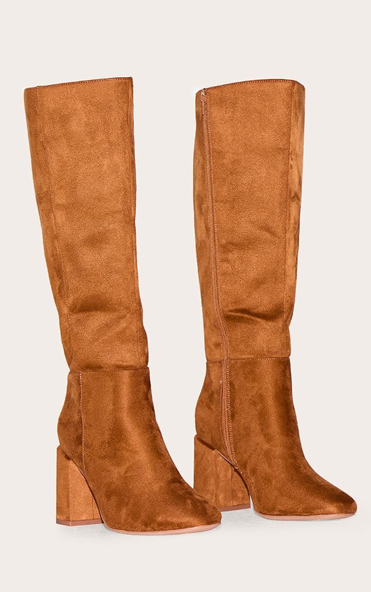 Tan Faux Suede Wide Fit Round Toe Block Heel Knee High Boots Product Image