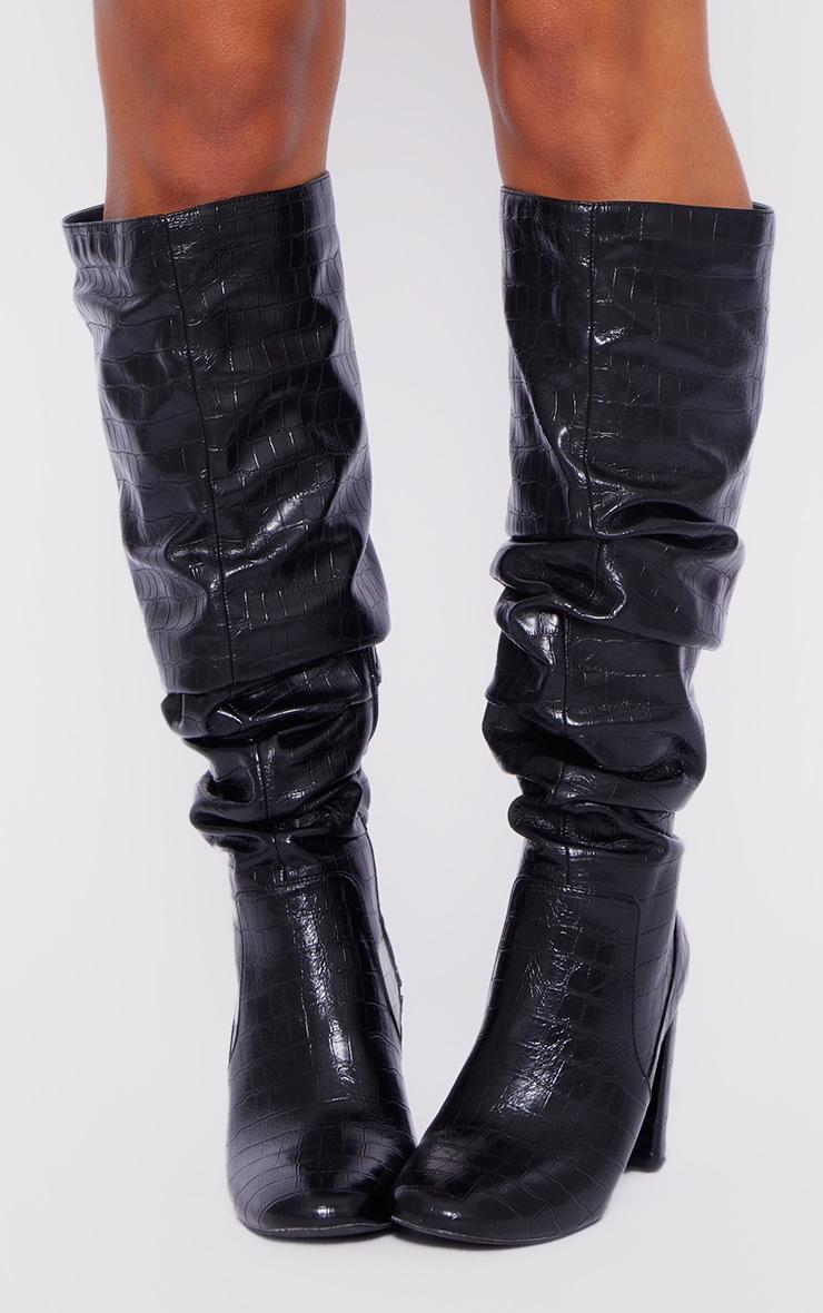 Black Pu Croc Round Toe Ruched Knee High Boots Product Image