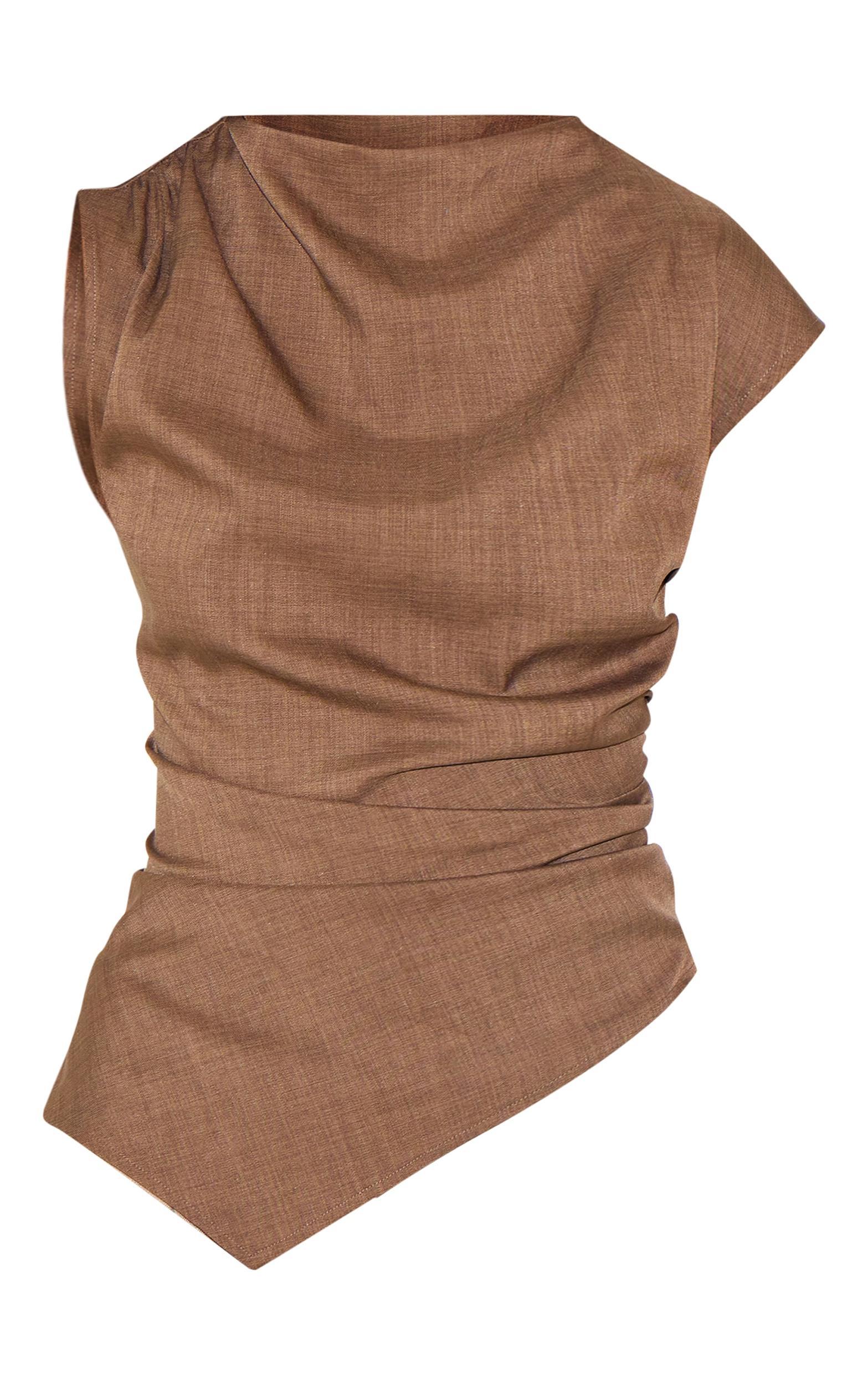 Chocolate Woven Ruched Asymmetric Long Top Product Image