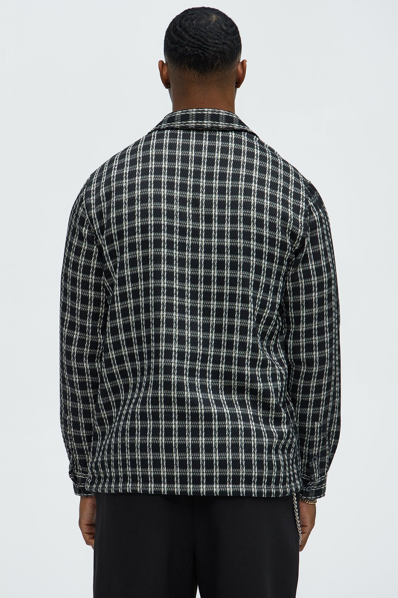Jacquard Twill Plaid Long Sleeve Button Up - Black/White Product Image
