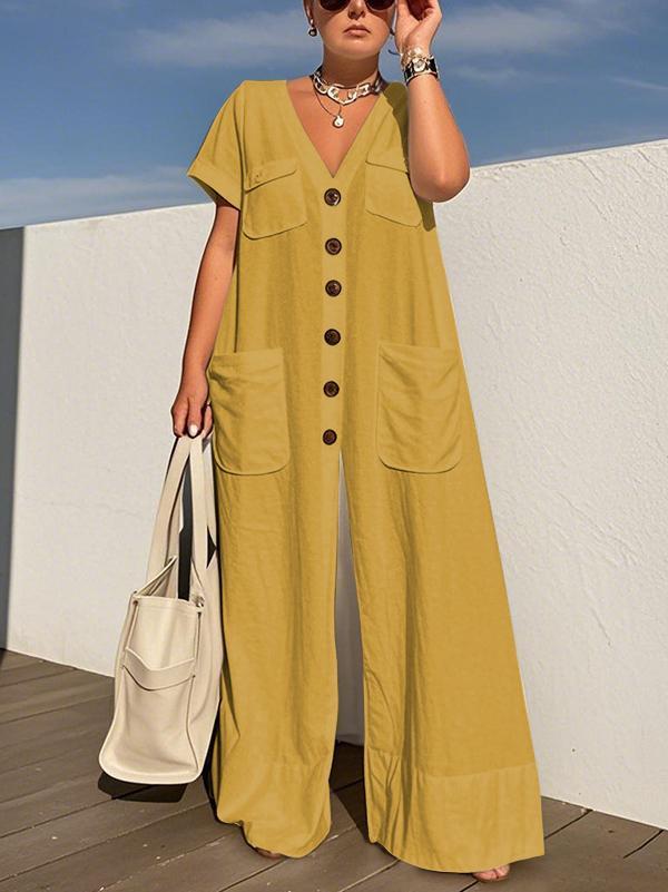 Loose Short Sleeves Buttoned Pockets Solid Color V-Neck Jumpsuits Product Image