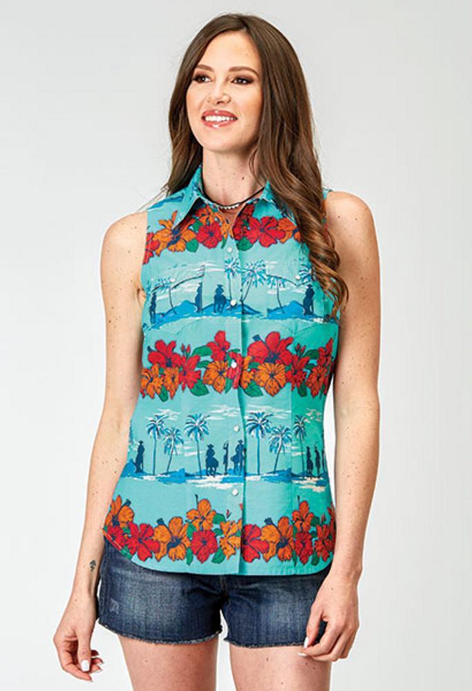 Roper® Ladies' Sleeveless Turquoise Hawaiian Print Snap Shirt Product Image