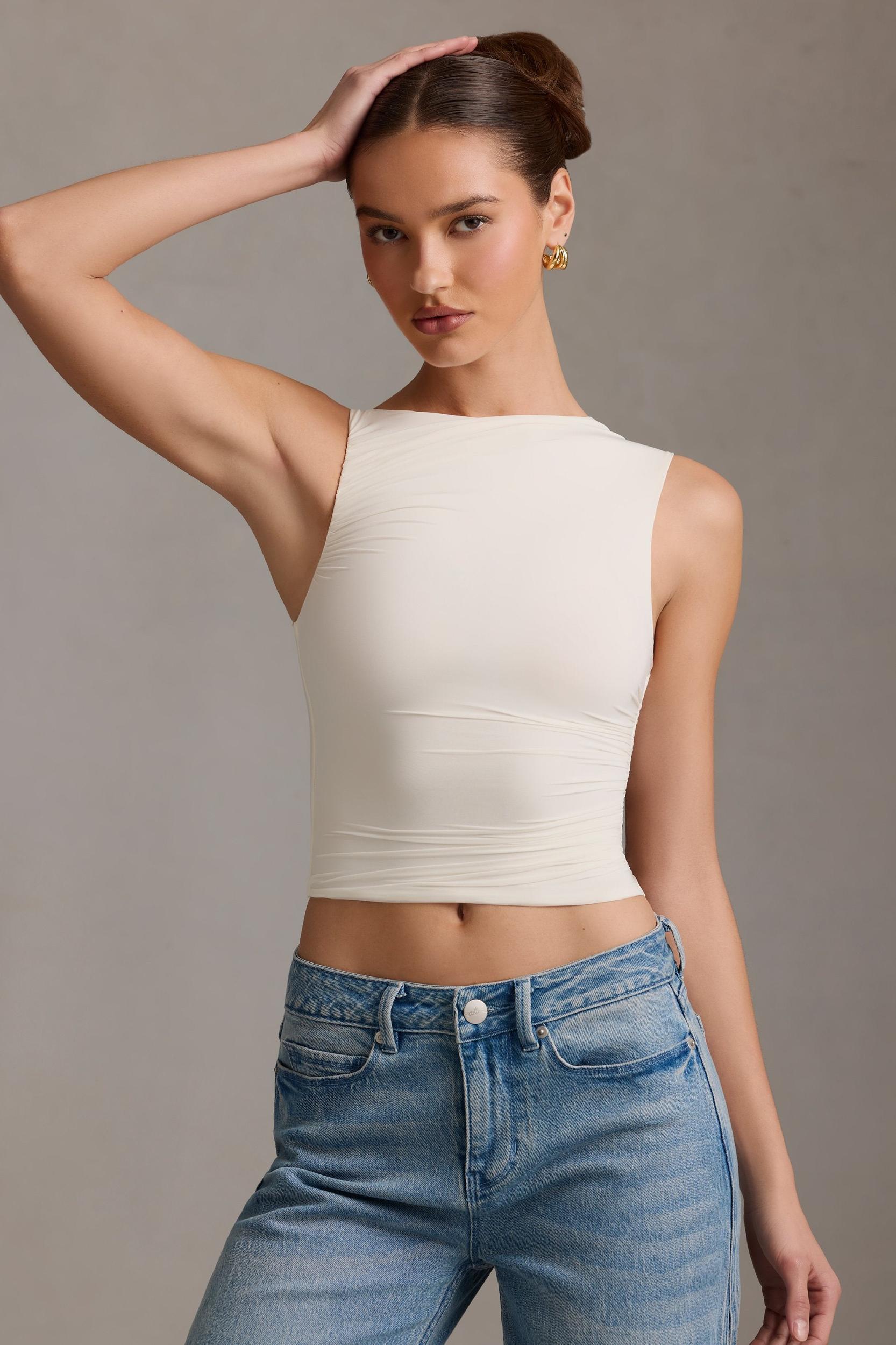 Asymmetric Ruched Tank Top in Vanilla Product Image