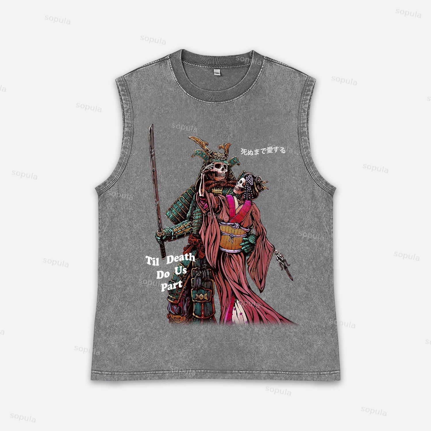 Until Death Us Do Part Skull Samurai Graphics Acid Washed Tank Top Product Image