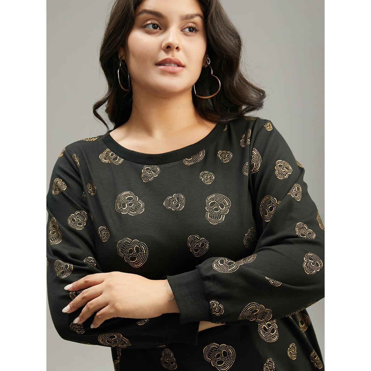 Plus Size Halloween Glitter Skull Print Crew Neck Sweatshirt Women Black Casual Elastic cuffs Round Neck Festival-Halloween Sweatshirts BloomChic 14-16/1X Product Image