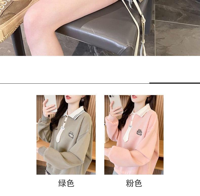 Striped Collar Cartoon Embroidered Polo Pullover Product Image