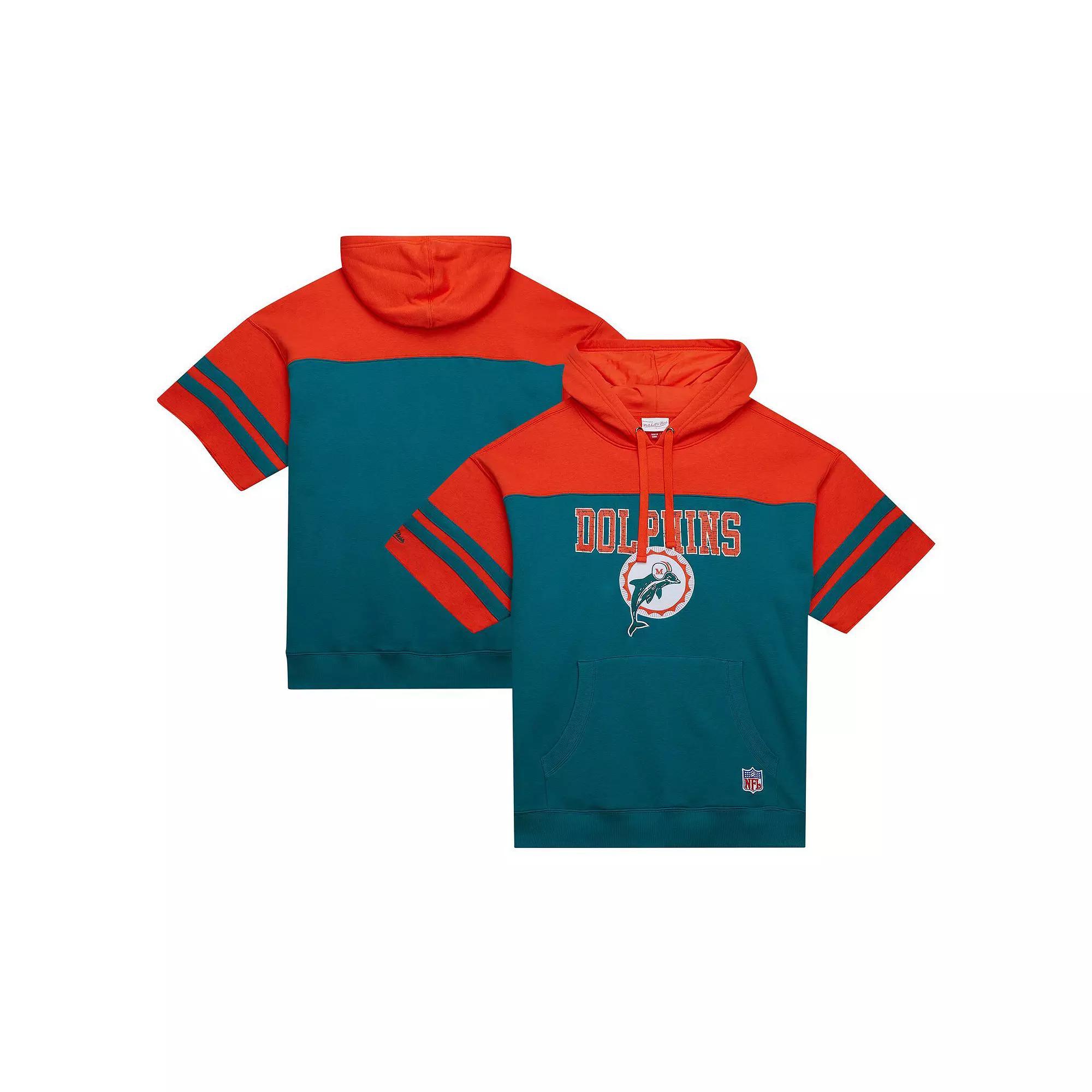 Men's Mitchell & Ness Aqua Miami Dolphins  Off Field Vintage Logo Short Sleeve Pullover Hoodie, Size: Small, Turquoise A Product Image
