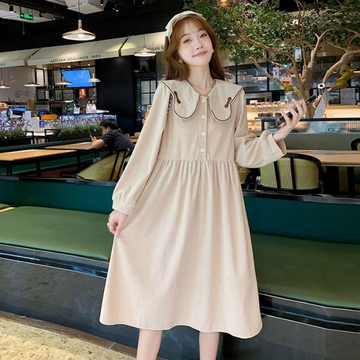 Maternity Long-Sleeve Collar Bow Embroidered Midi Smock Dress Product Image