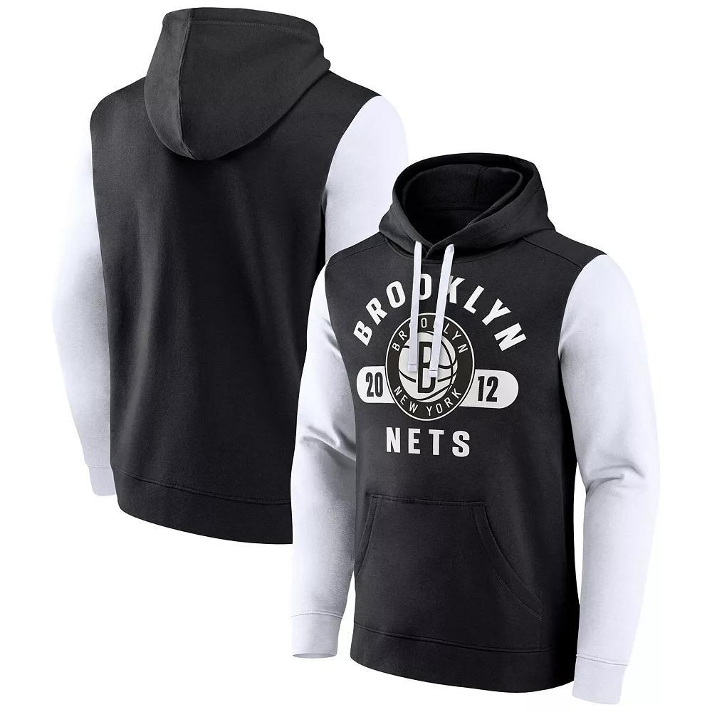Men's Fanatics Branded Black/White Brooklyn Nets Attack Colorblock Pullover Hoodie,  Product Image