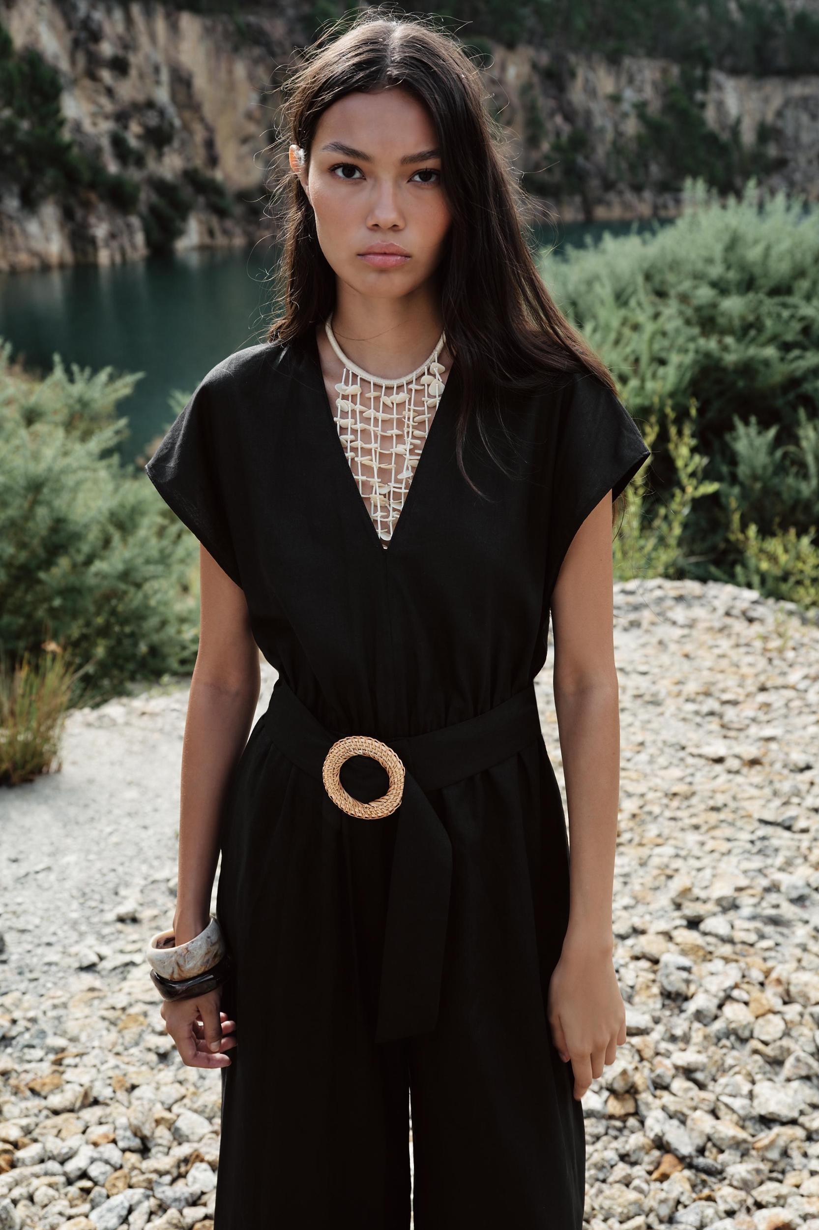 LINEN BELTED LONG JUMPSUIT Product Image