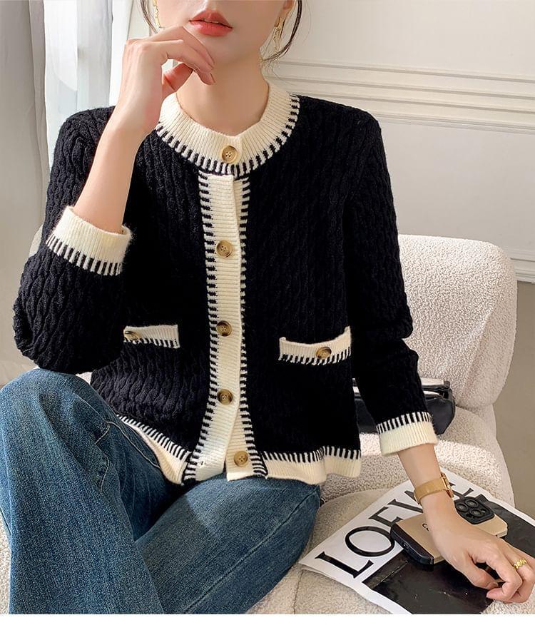 Crew Neck Contrast Trim Cable Knit Button-Up Cardigan Product Image