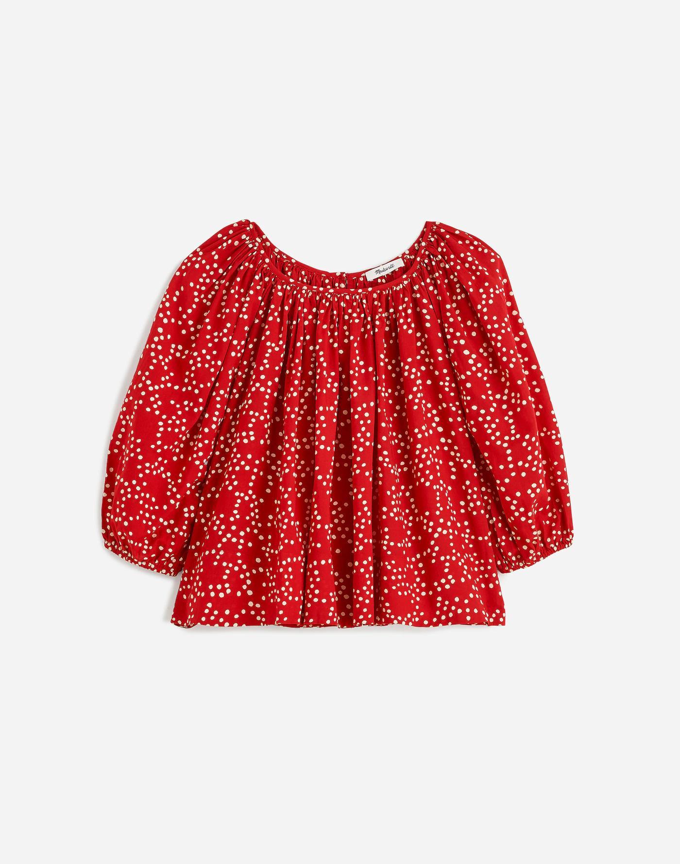 Shirred Puff-Sleeve Top in Dot Product Image