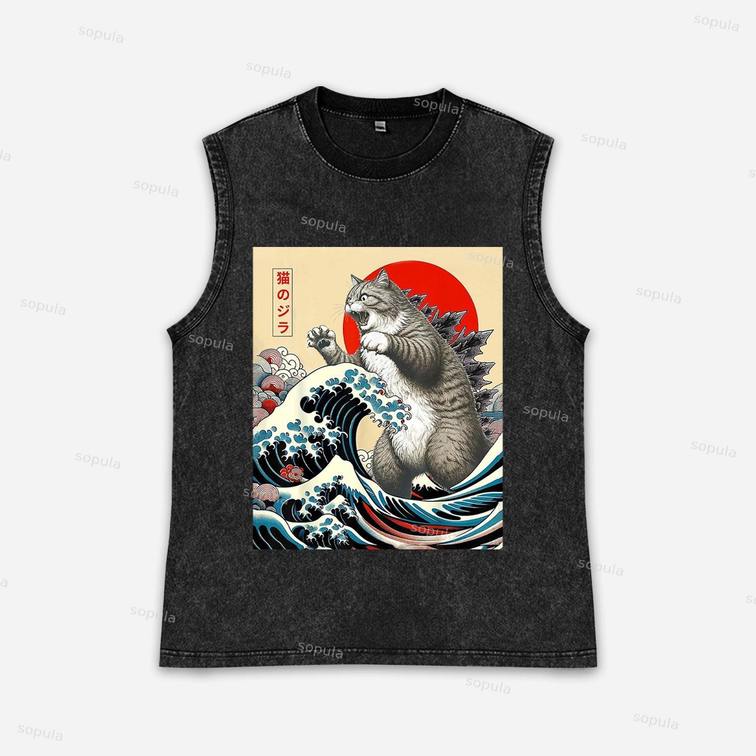 Vintage Catzilla Graphic Acid Washed Tank Tops Product Image