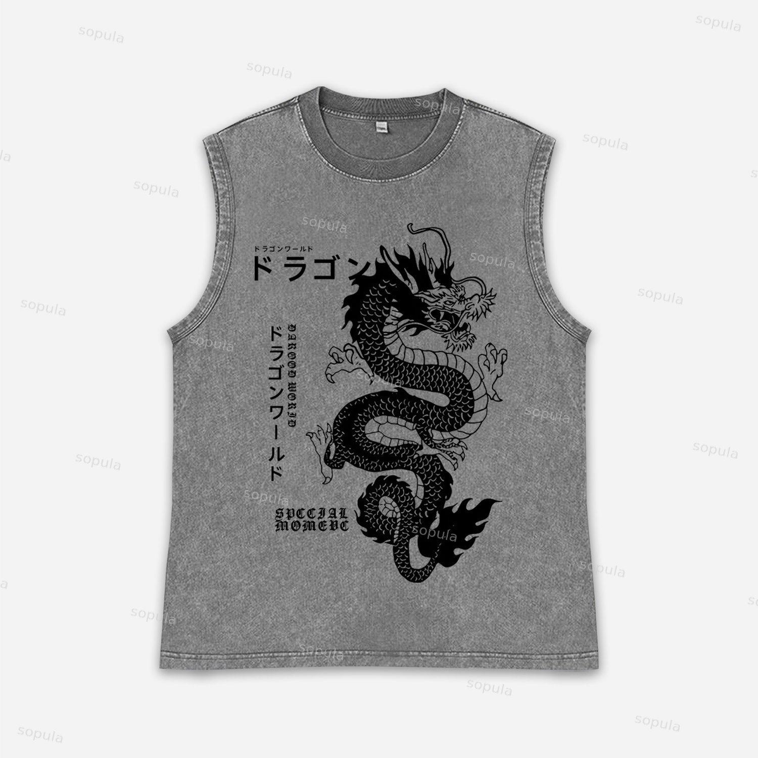 Vintage Japanese Dragon Graphic Acid Washed Tank Tops Product Image