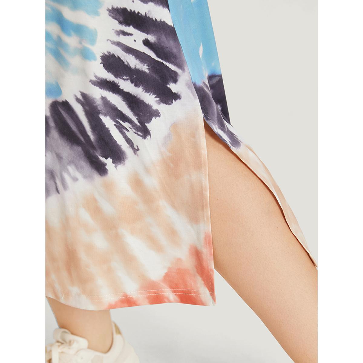 Plus Size Tie Dye Pocket Split Side Dolman Sleeve Dress Multicolor Women Casual Tie Dye V-neck Short sleeve Curvy Midi Dress BloomChic 28/5X Product Image